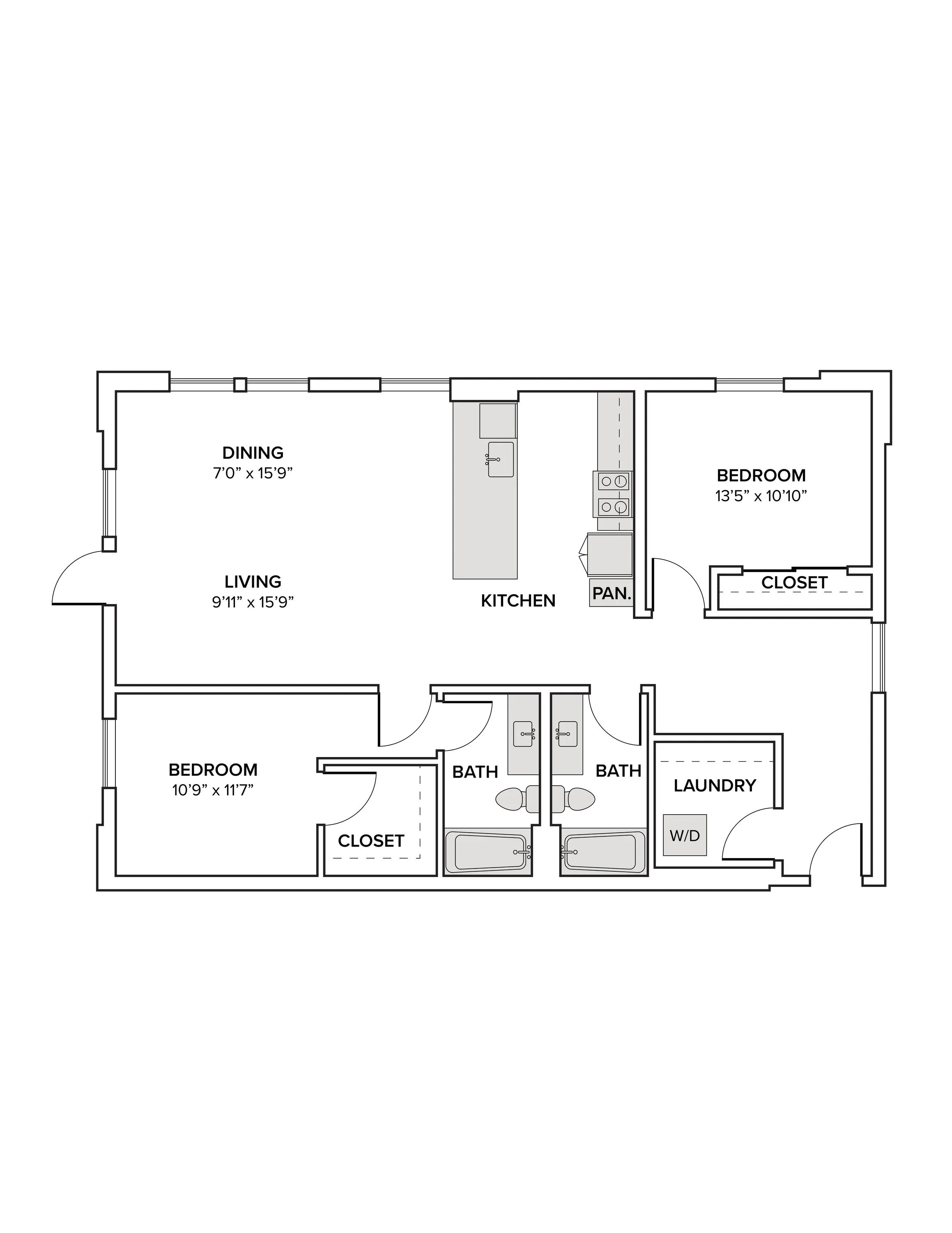 1273 square foot two bedroom two bath apartment floor plan image