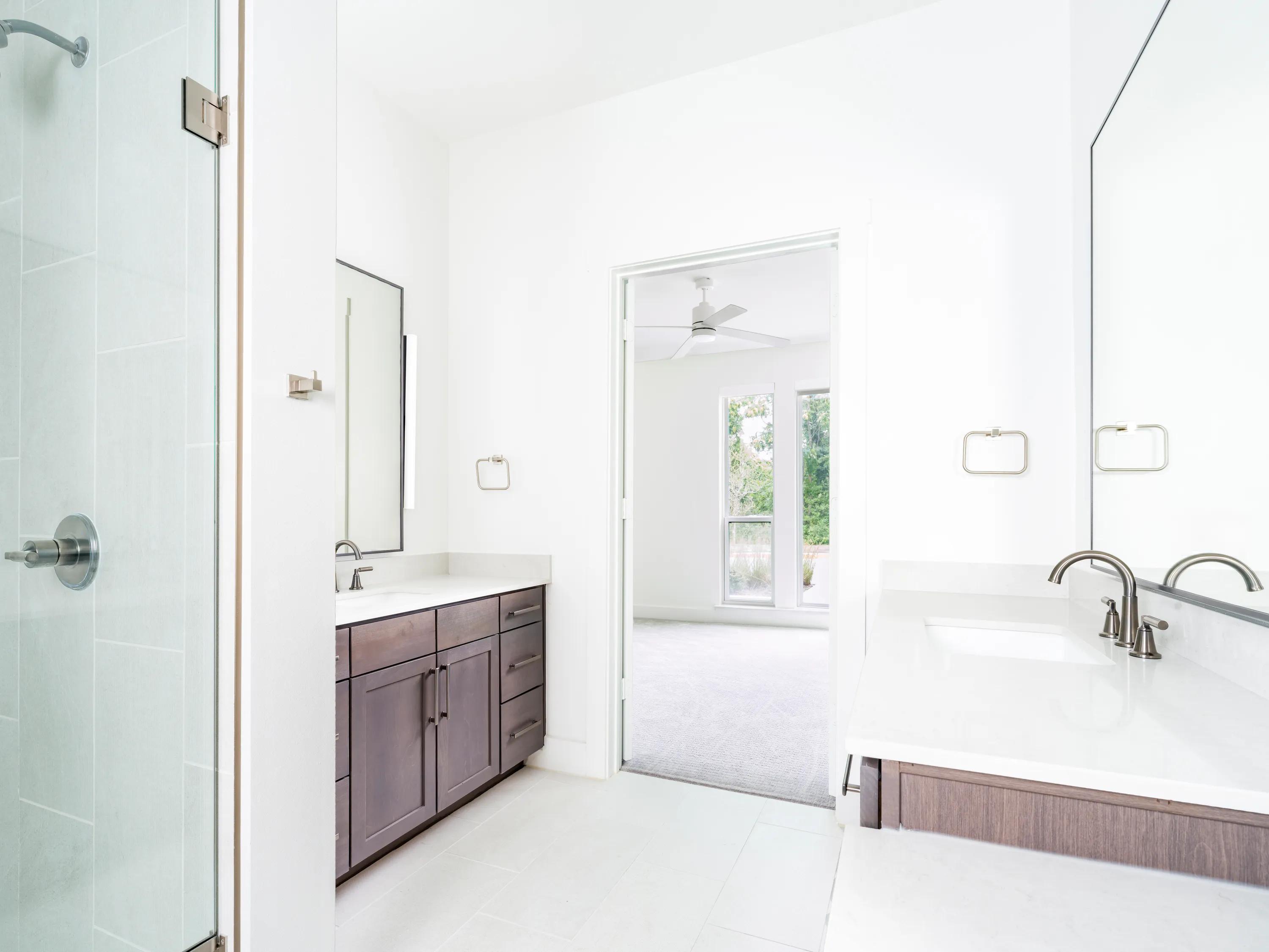 Primary bathroom showcasing one of multiple finish options modera trailhead apartment homes for rent in dallas texas