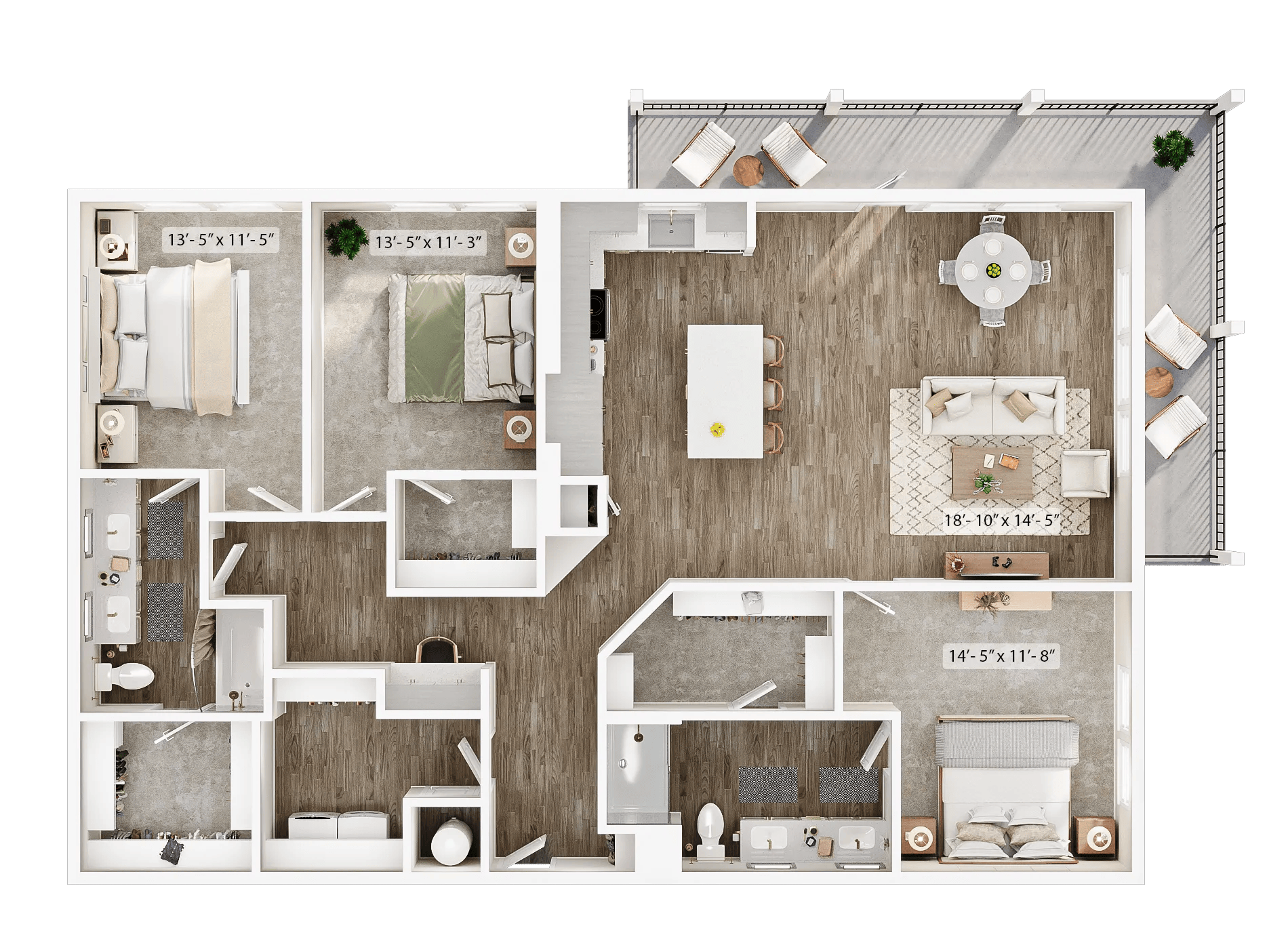 1717 square foot three bed two bath apartment floor plan image