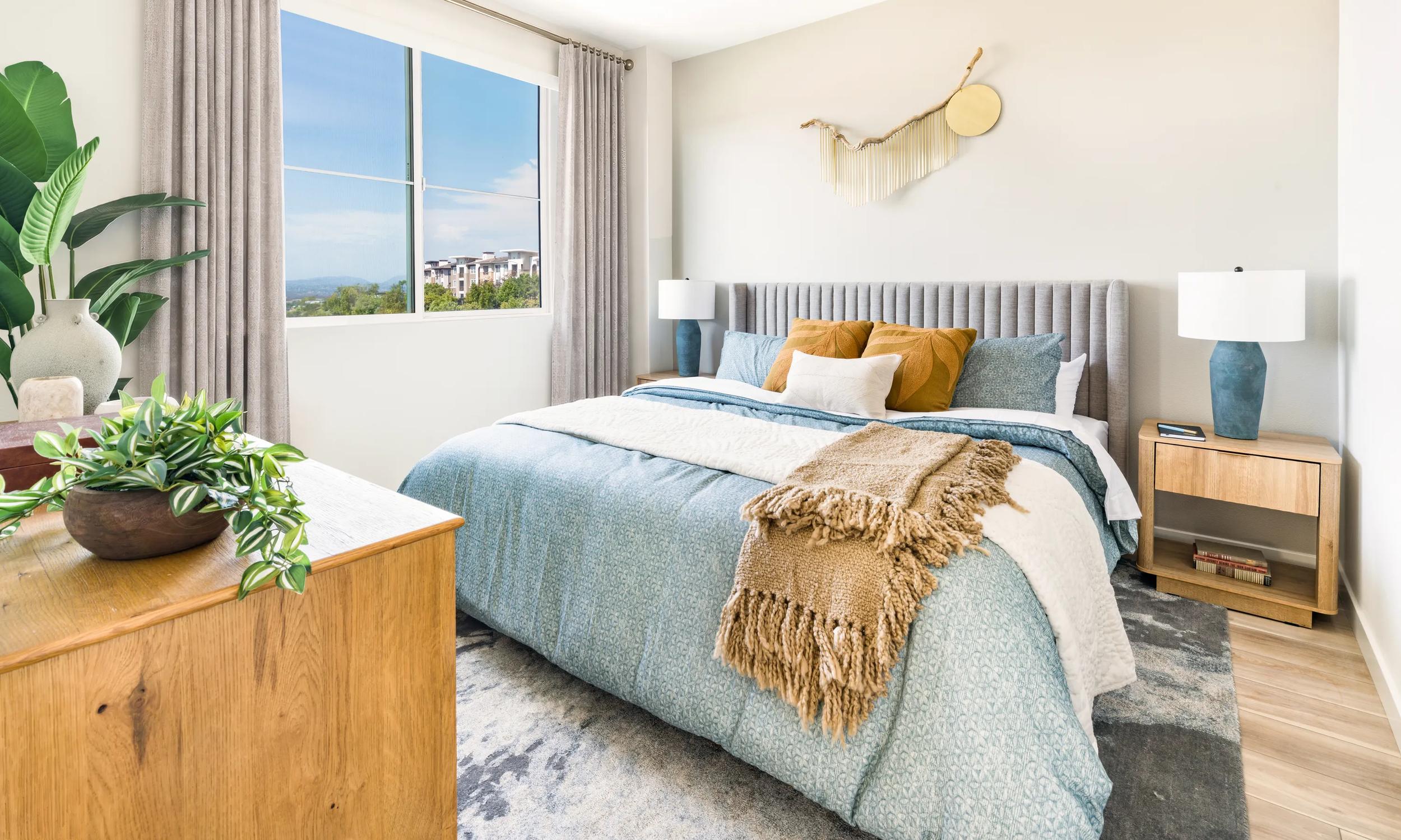 modera melrose apartments in oceanside ca cozy bedroom with cool finishes