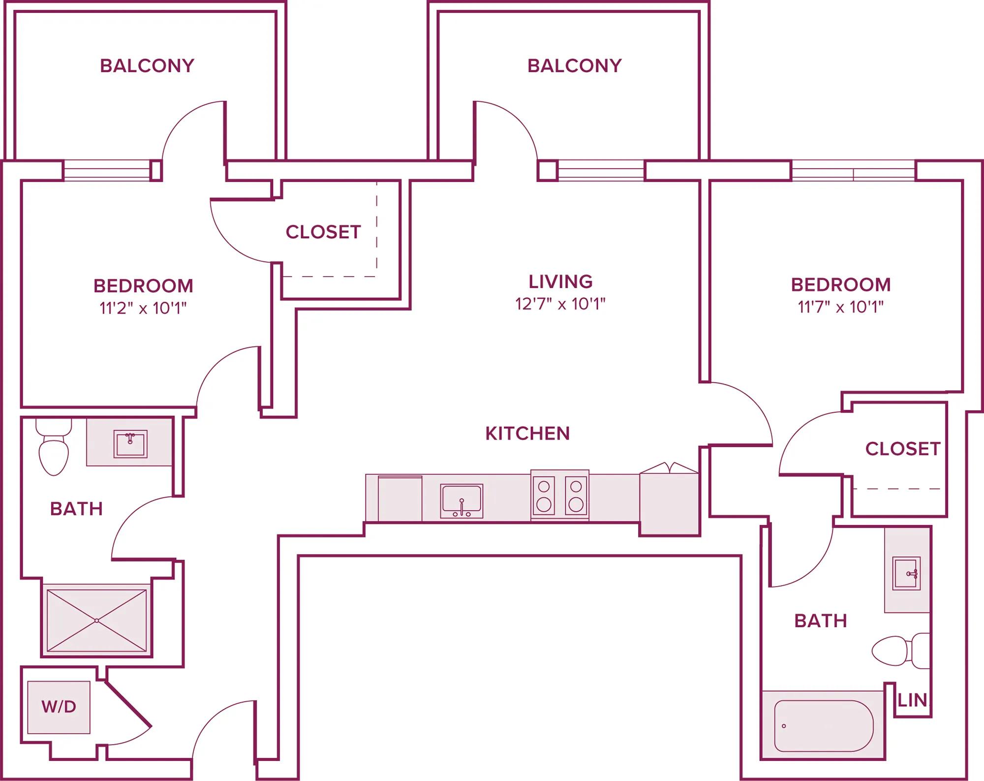 854 square foot two bed two bath floor plan in Argyle, CA