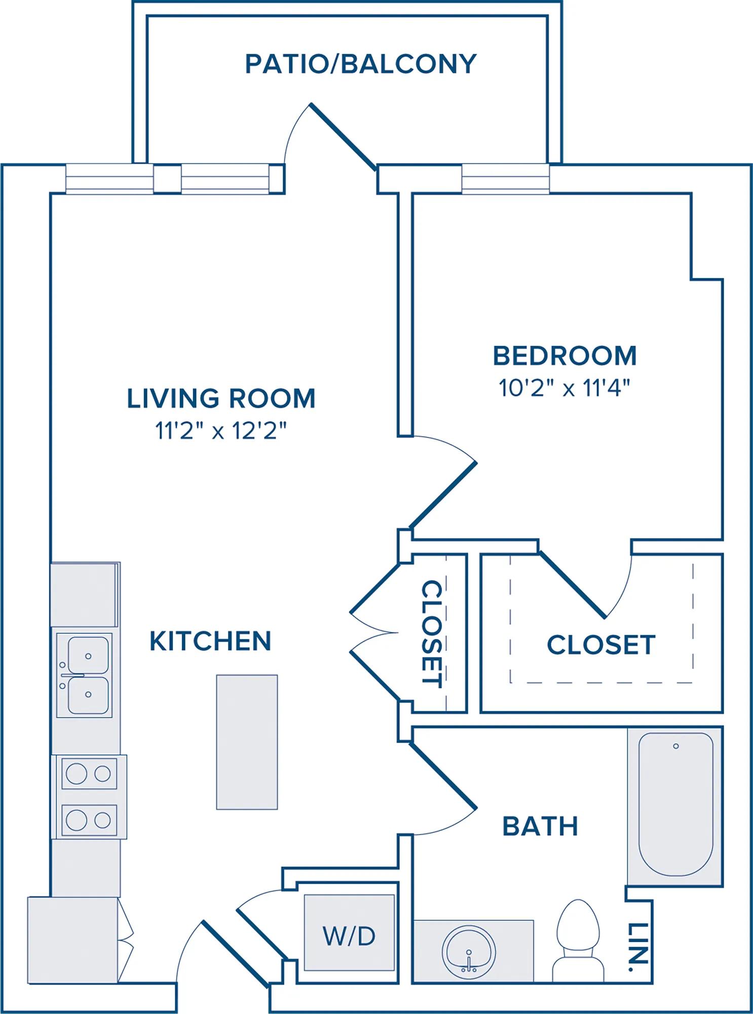 607-766 square foot one bedroom one bath apartment floorplan image