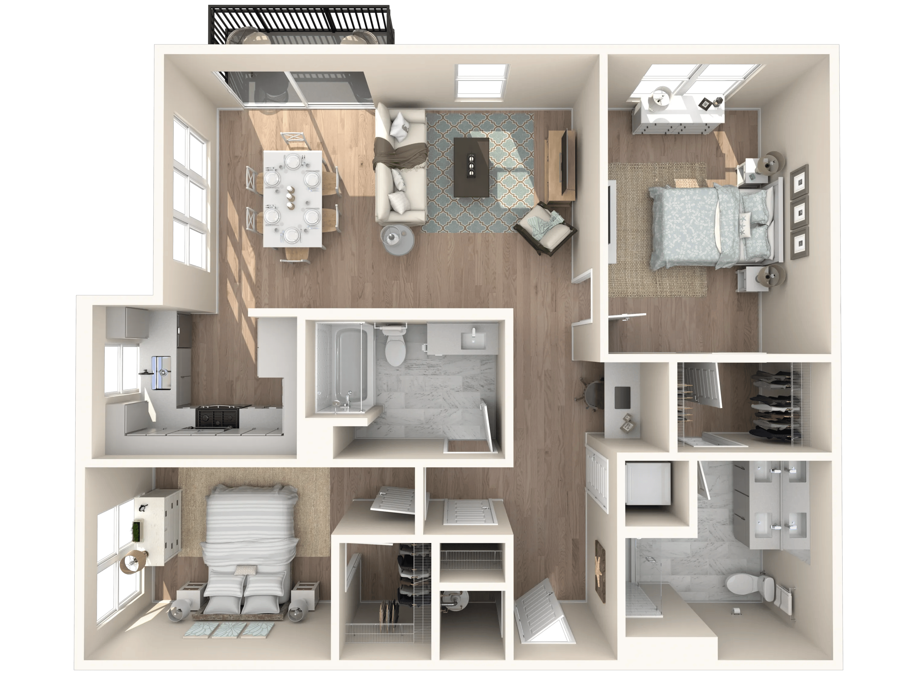 1217 square foot two bed two bath floor plan in Tampa, FL