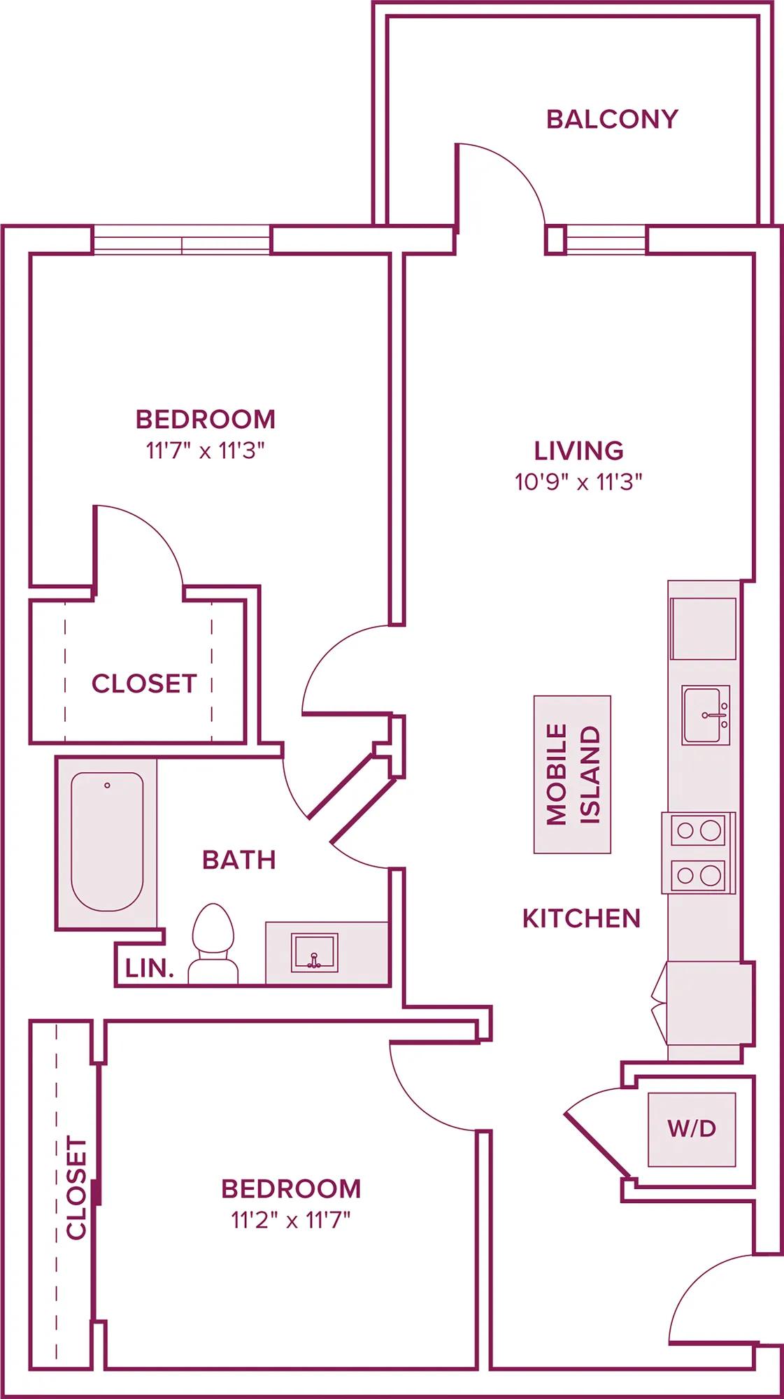 758 square foot two bed one bath floor plan in Argyle, CA