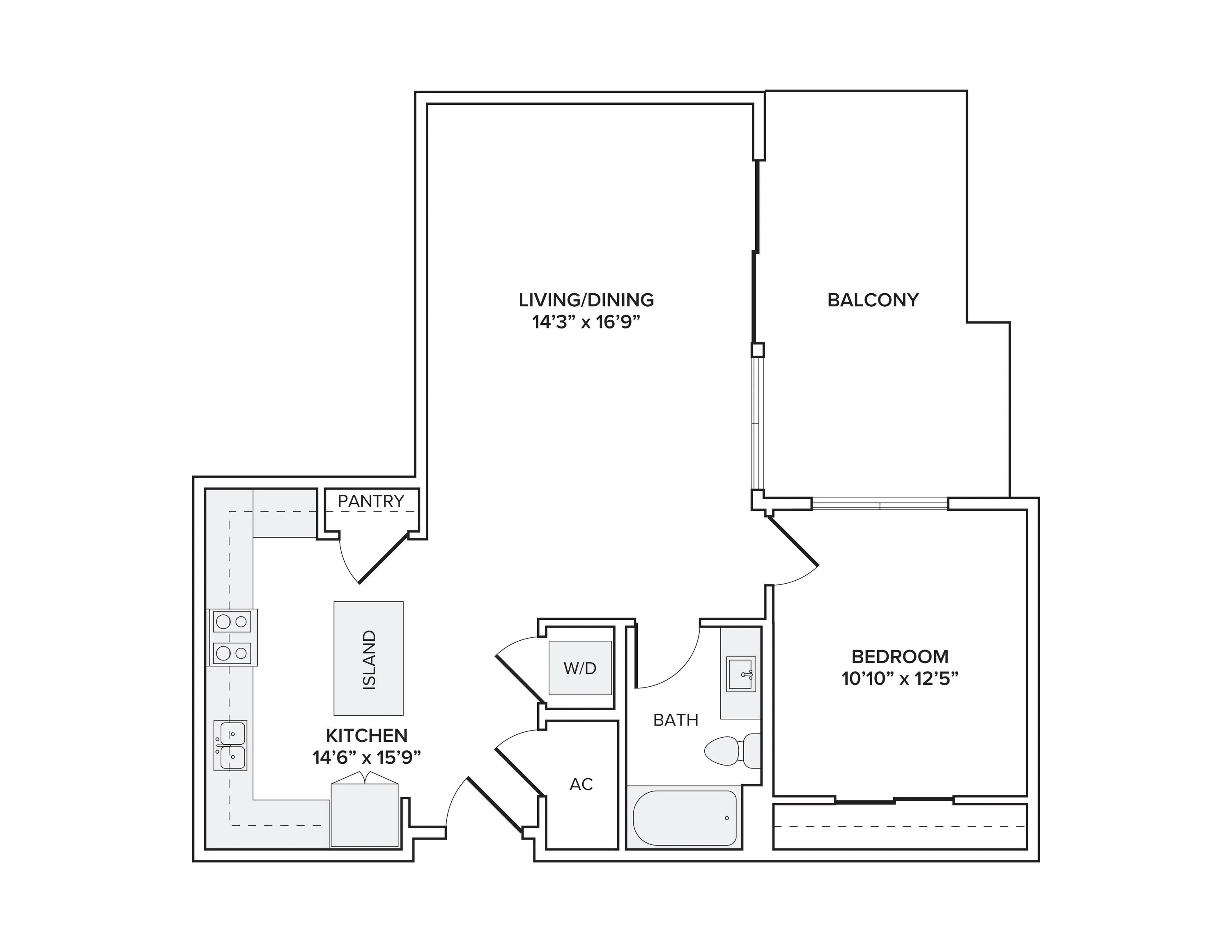 851 square foot one bed one bath apartment floor plan in Scottsdale, AZ