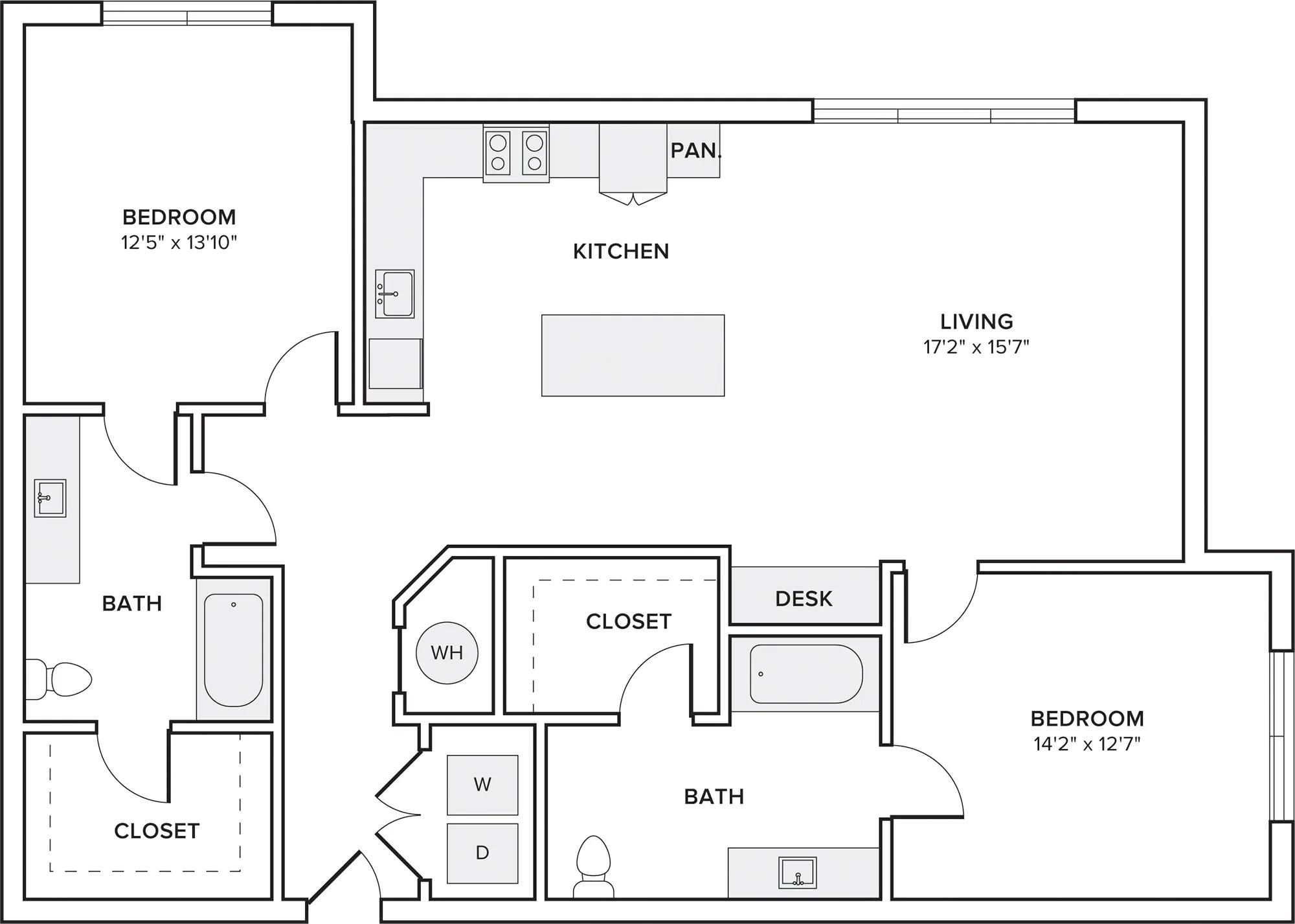 1246 square foot two bedroom two bath apartment floorplan image