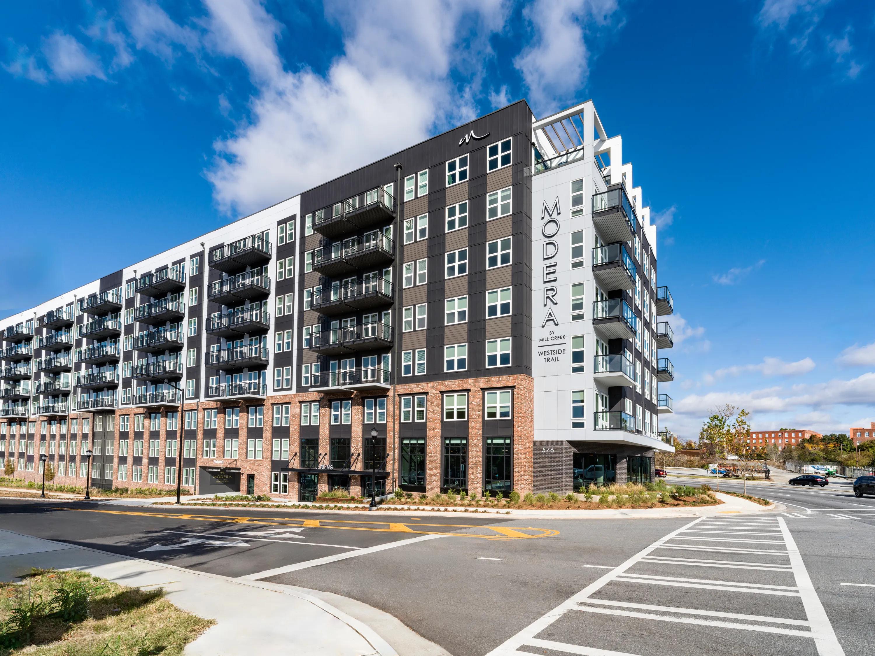 daytime street view of building at modera westside trail apartment homes in atlanta ga