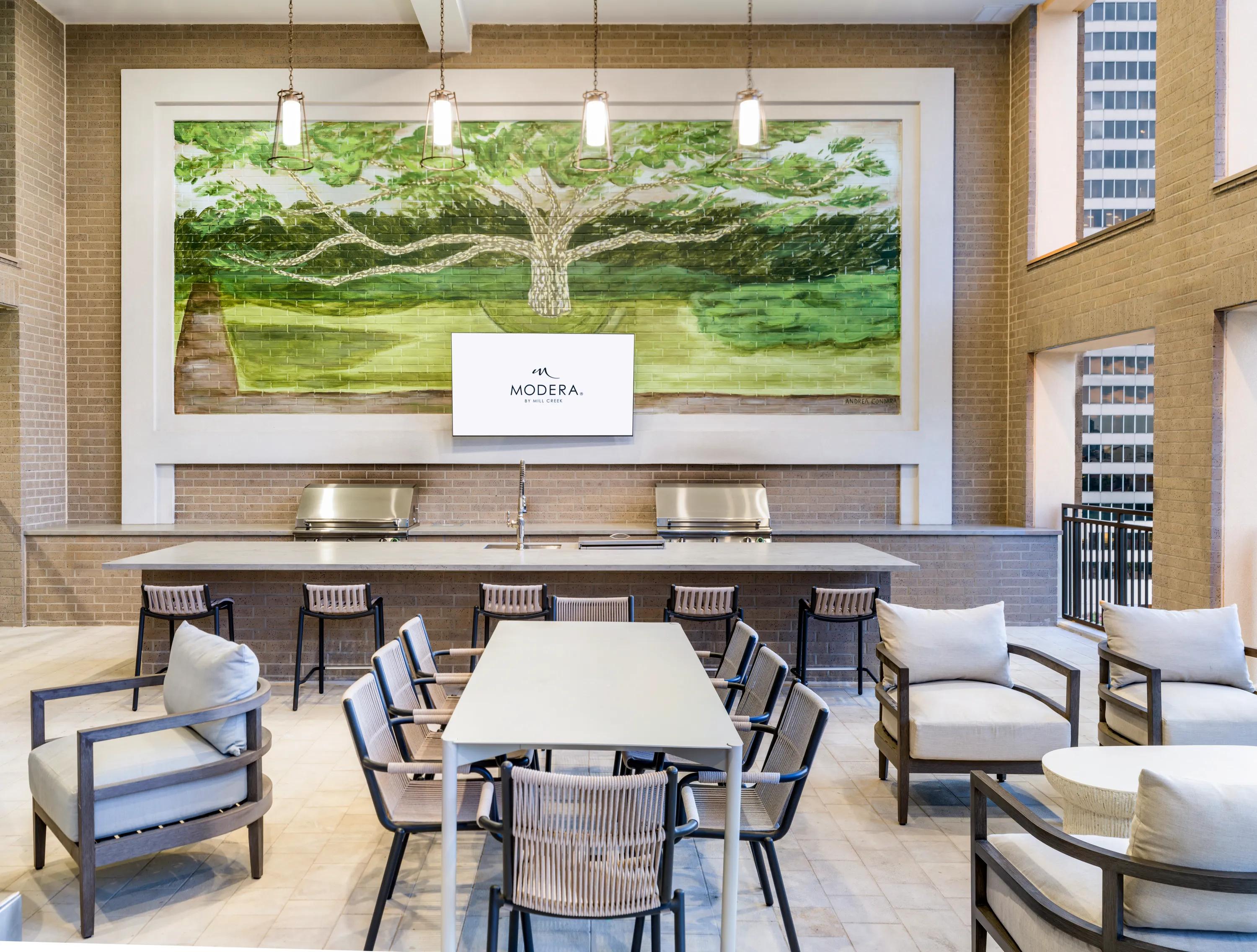 outdoor poolside grilling area and lounge