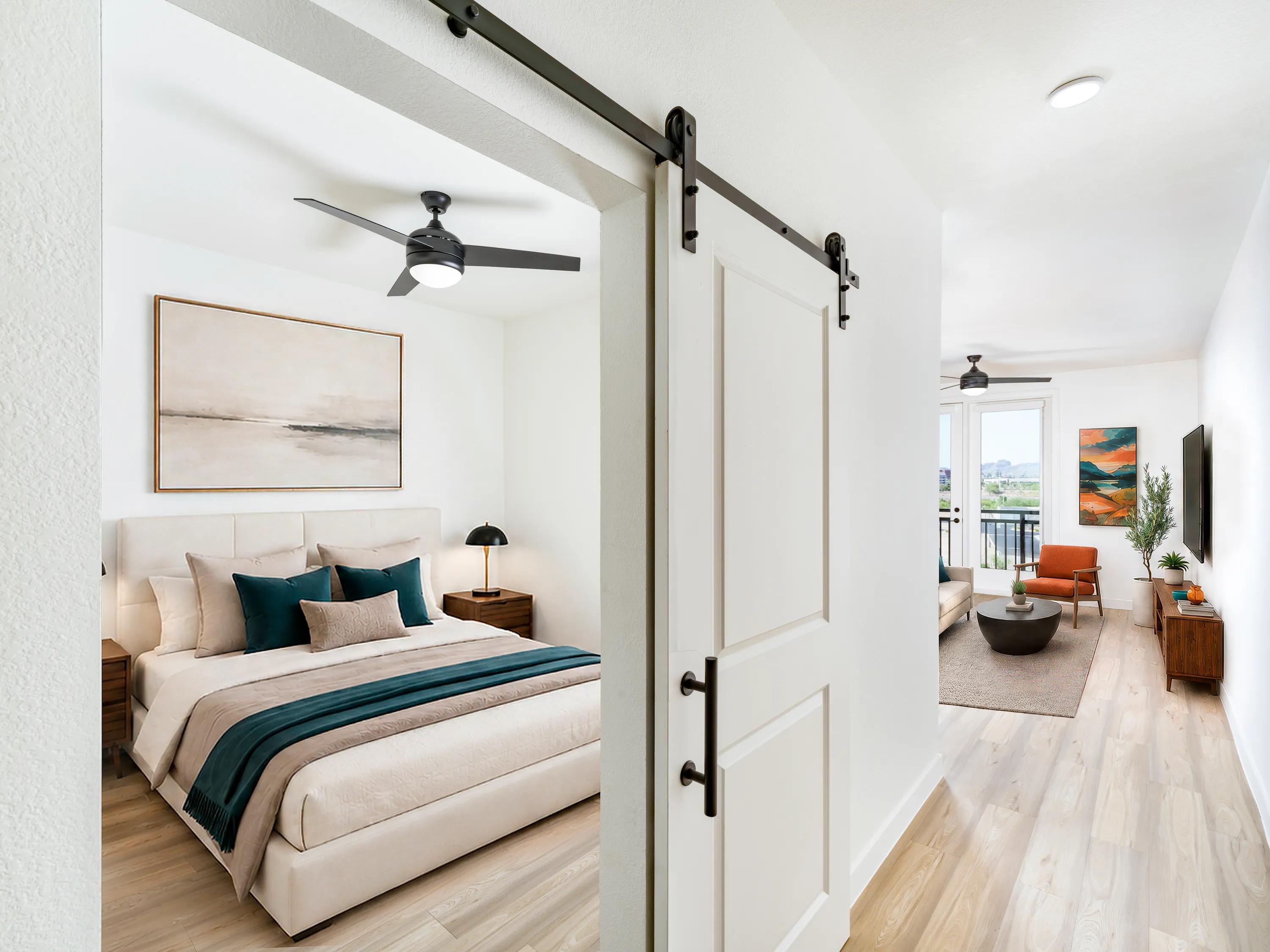 Premium-finish home featuring a sliding-door bedroom modera rio salado apartment homes for rent in tempe az