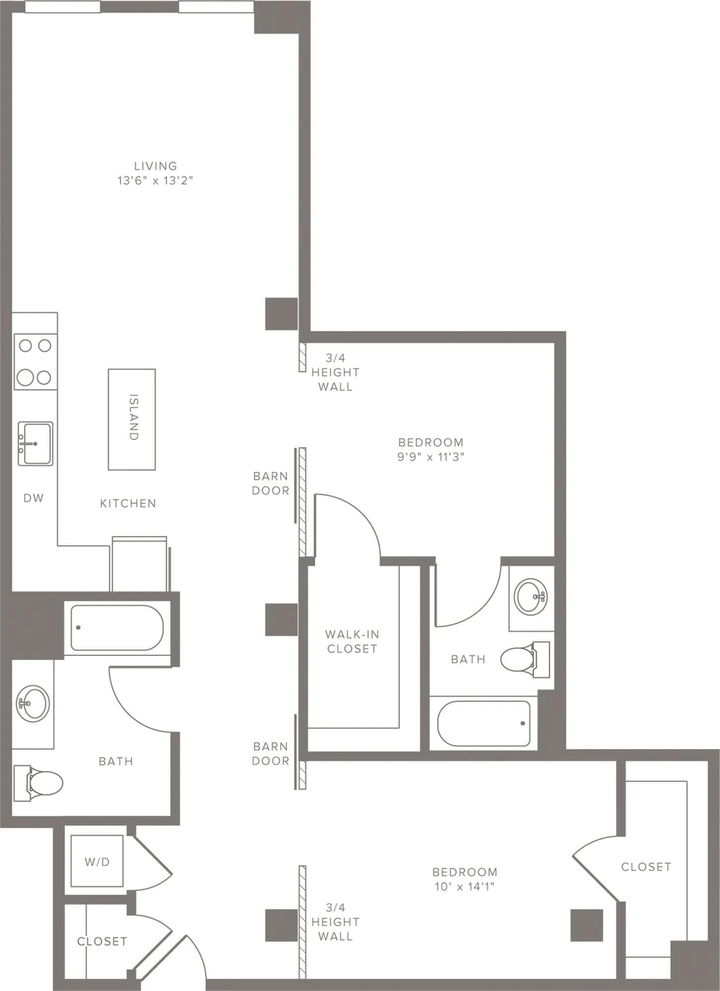 1070 square foot two bedroom two bath with L shaped kitchen apartment floorplan image